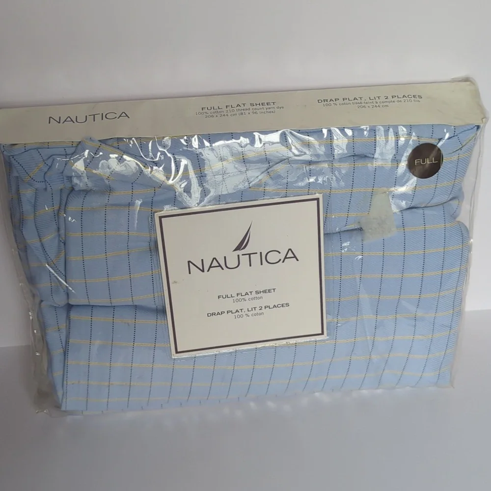 Nautica Full Flat Sheet 100% Cotton Windowpane Design in Blue and Yellow NEW